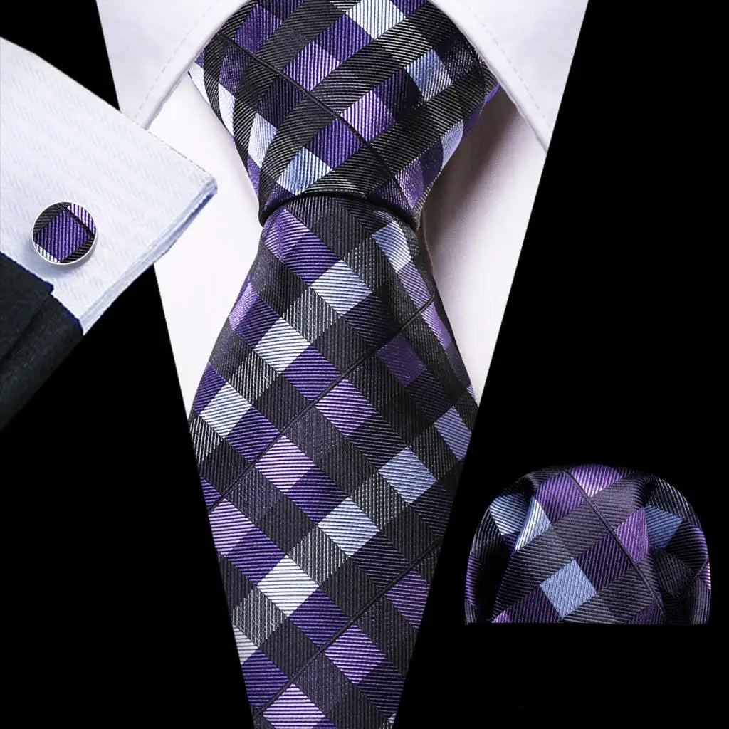 Black Jacquard Checked Plaid Silk Men Tie Handkerchief Cufflinks Set