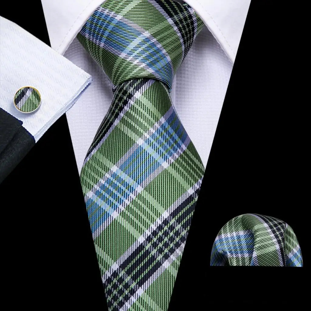 Green Jacquard Checked Plaid Silk Men Tie Handkerchief Cufflinks Set