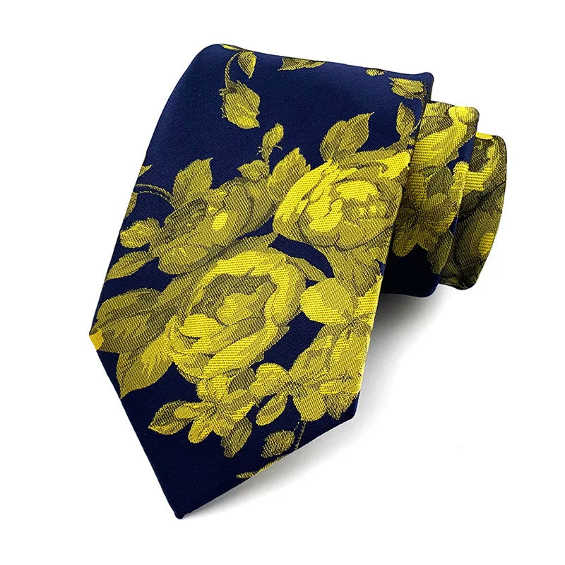 Yellow Blue Jacquard Woven 8CM Flower Necktie