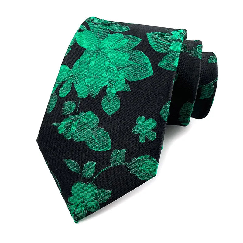 Black Green Jacquard Woven 8CM Flower Necktie