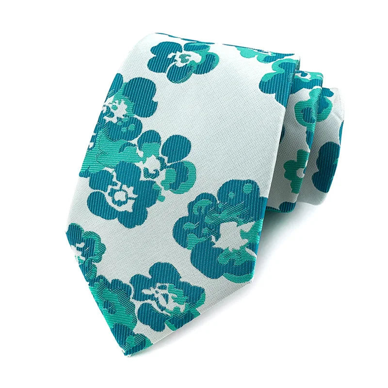 White Green Jacquard Woven 8CM Flower Necktie
