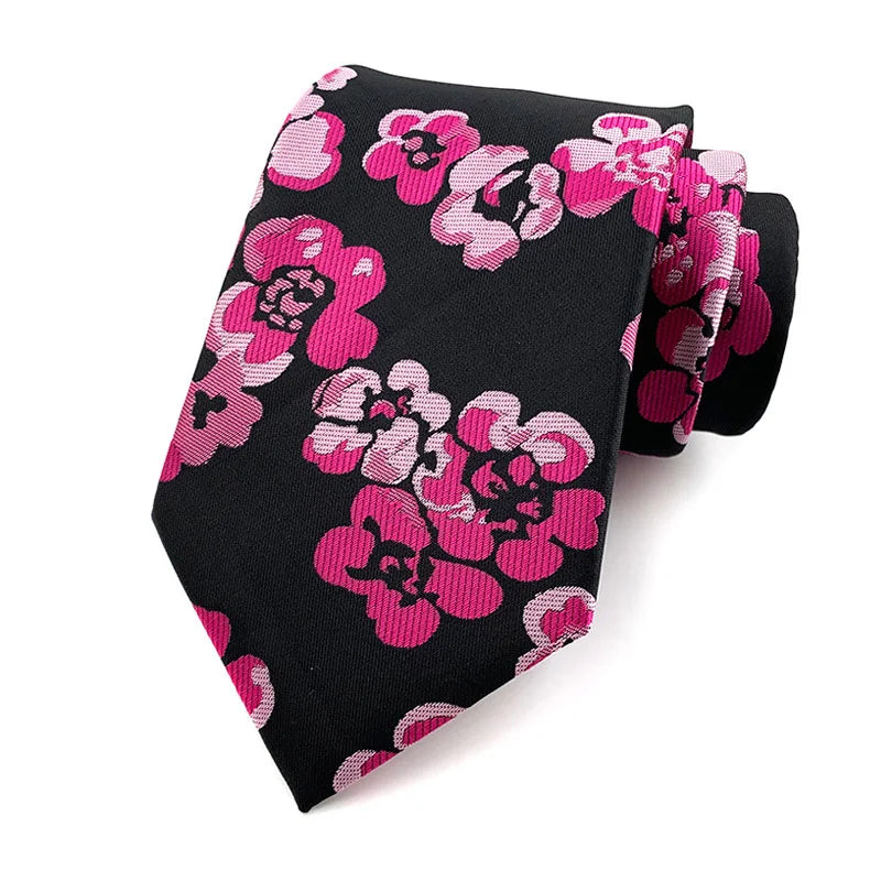 Black Pink Jacquard Woven 8CM Flower Necktie