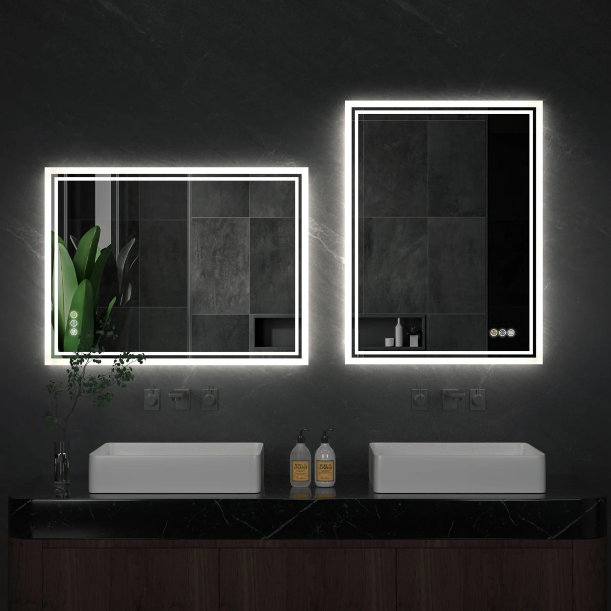 LED backlit bathroom vanity mirror with anti-fog, touch button, and dimmable lights