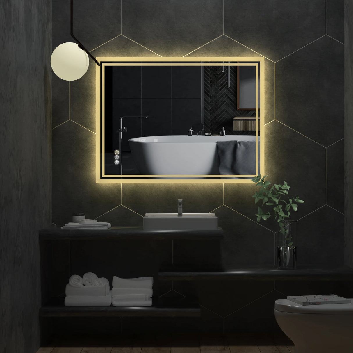 LED backlit bathroom vanity mirror with anti-fog, touch button, and dimmable lights