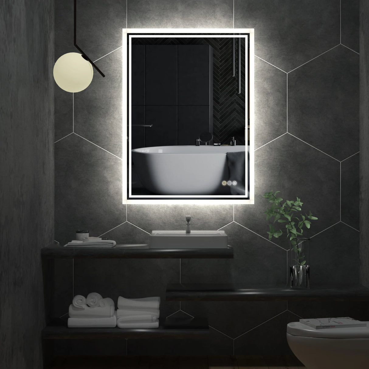 LED backlit bathroom vanity mirror with anti-fog, touch button, and dimmable lights