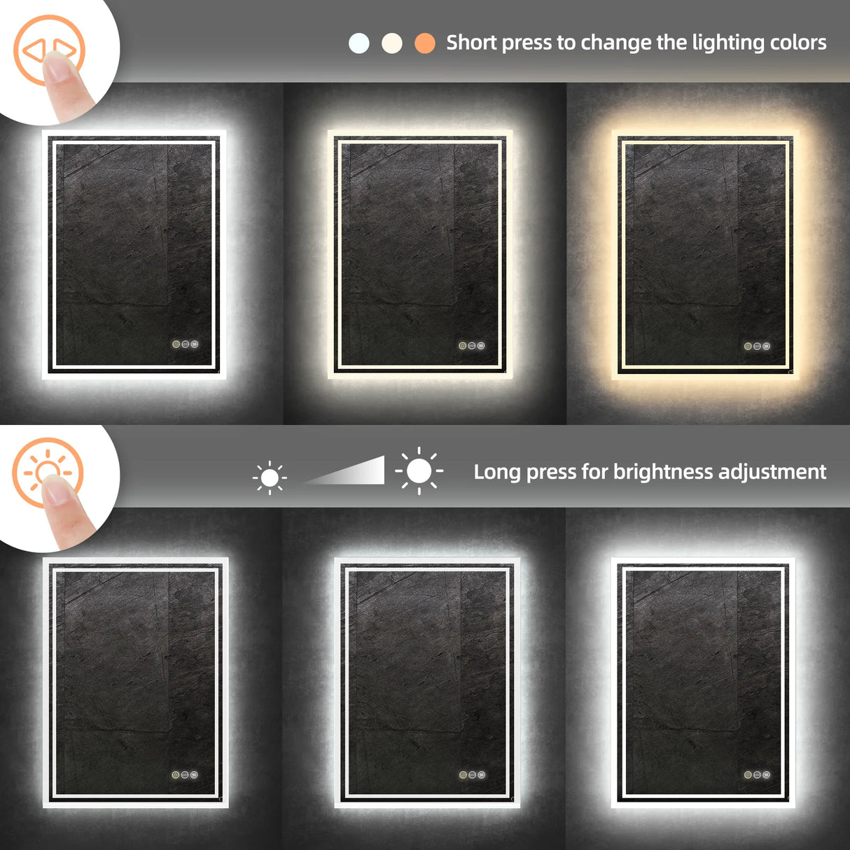 LED backlit bathroom vanity mirror with anti-fog, touch button, and dimmable lights