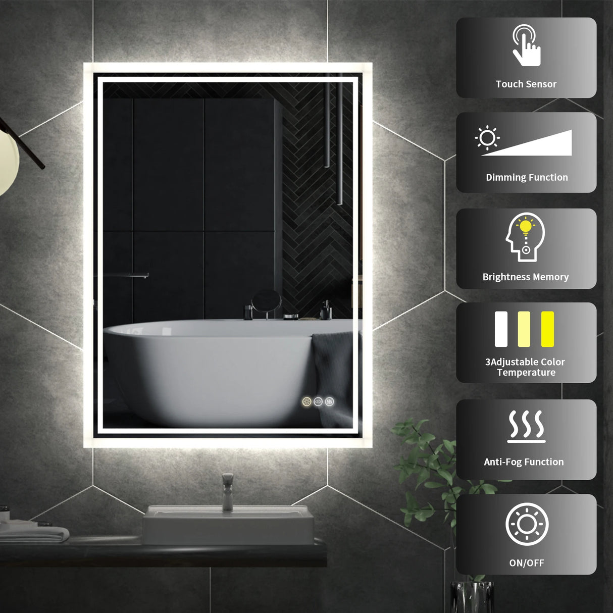 LED backlit bathroom vanity mirror with anti-fog, touch button, and dimmable lights