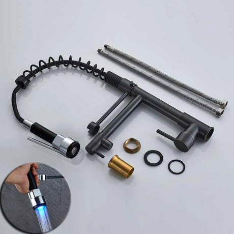 Black bronze LED kitchen faucet with dual spout and pull-down handheld sprayer