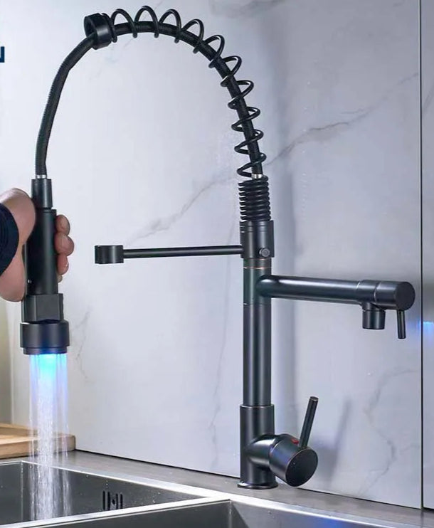 Black bronze LED kitchen faucet with dual spout and pull-down handheld sprayer