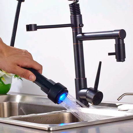Black bronze LED kitchen faucet with dual spout and pull-down handheld sprayer