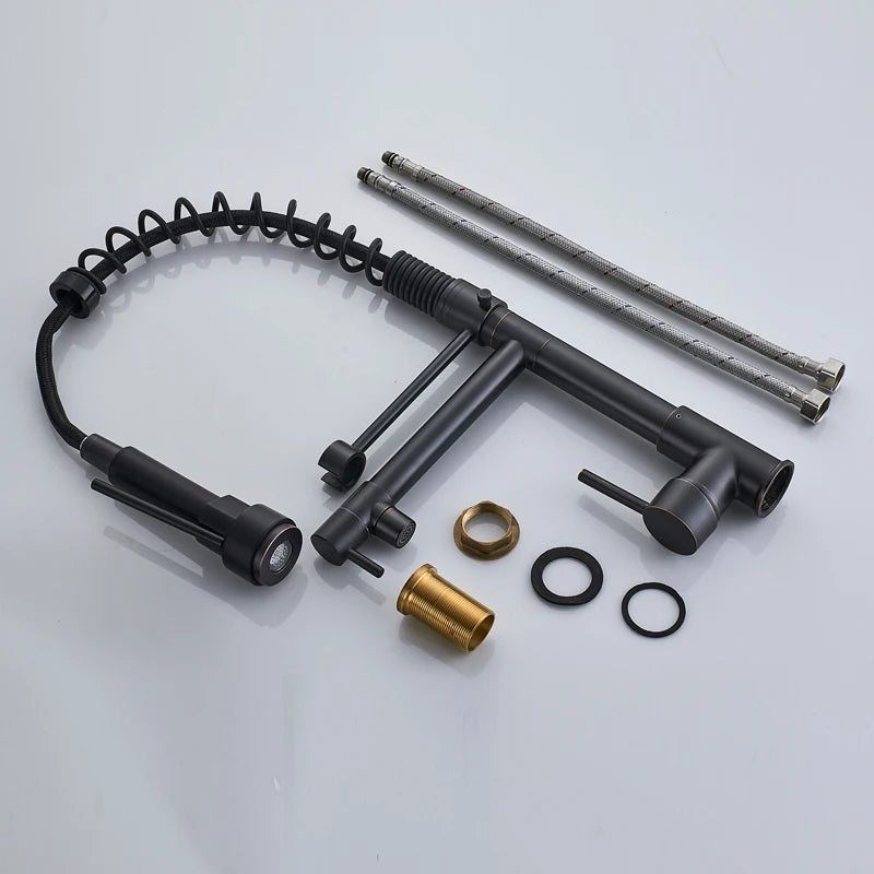 Black bronze LED kitchen faucet with dual spout and pull-down handheld sprayer