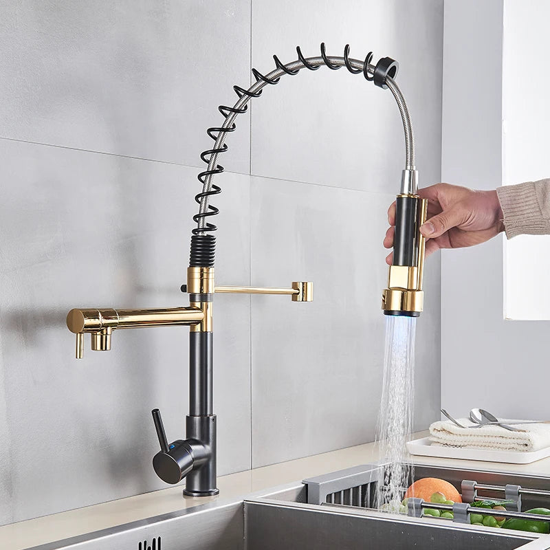 Black bronze LED kitchen faucet with dual spout and pull-down handheld sprayer