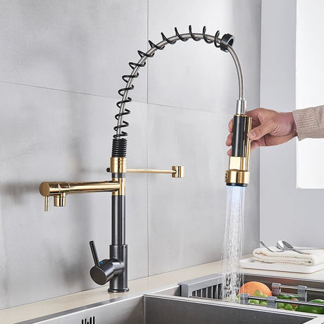 Black bronze LED kitchen faucet with dual spout and pull-down handheld sprayer