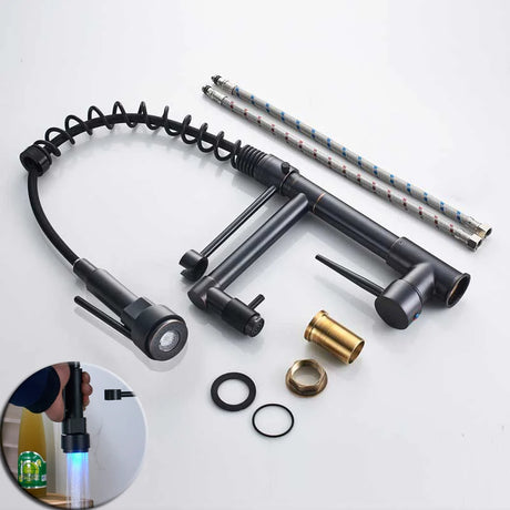 Black bronze LED kitchen faucet with dual spout and pull-down handheld sprayer