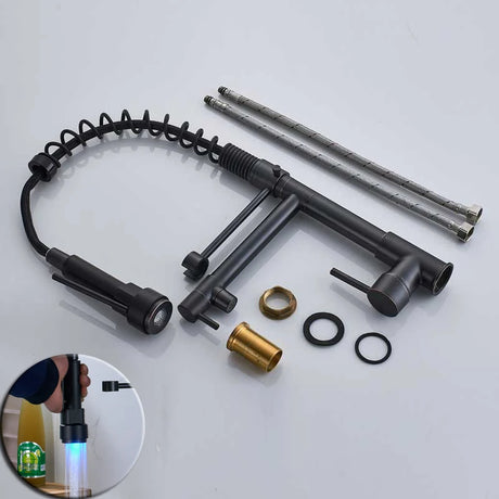 Black bronze LED kitchen faucet with dual spout and pull-down handheld sprayer