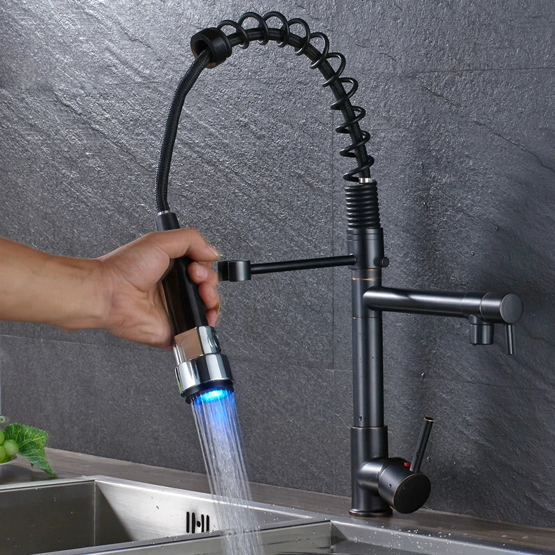 Black bronze LED kitchen faucet with dual spout and pull-down handheld sprayer