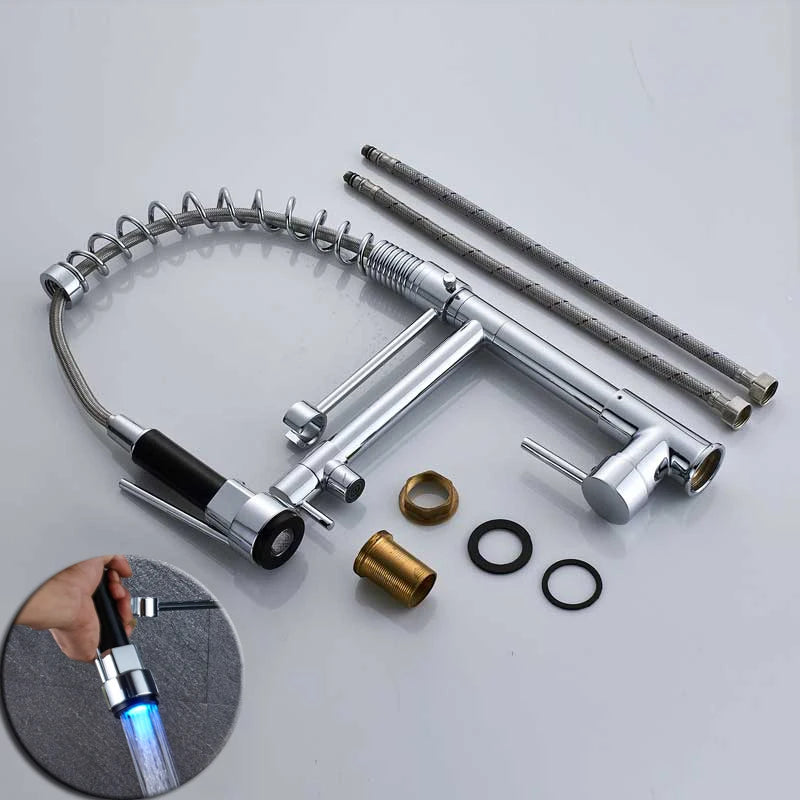 Black bronze LED kitchen faucet with dual spout and pull-down handheld sprayer