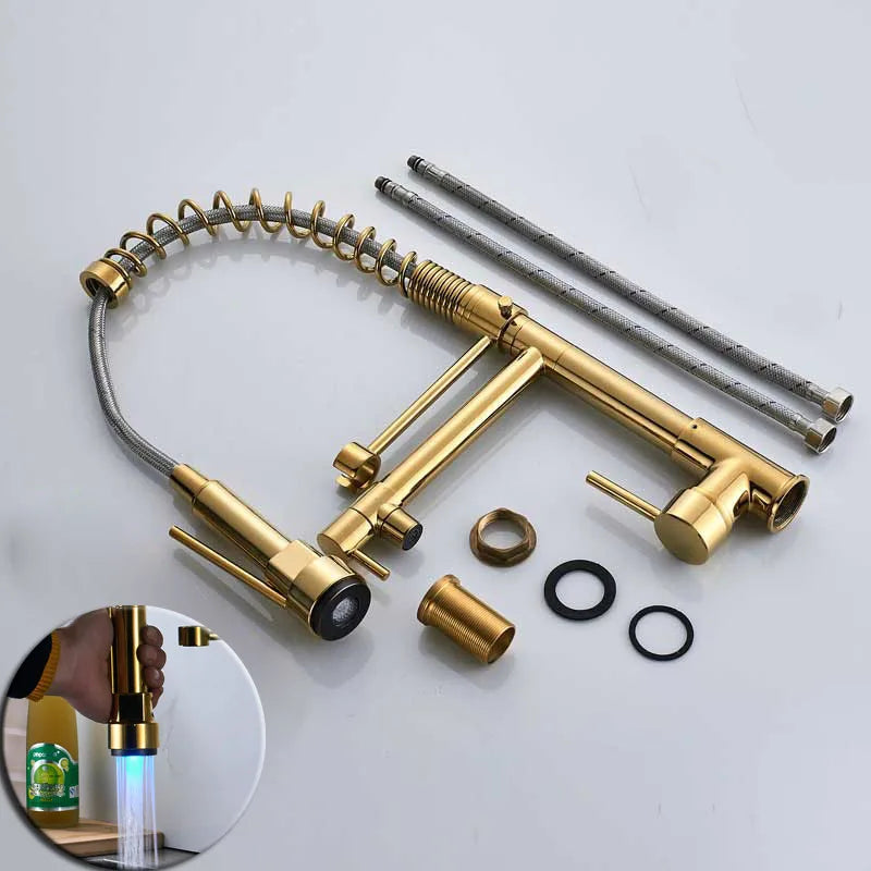 Black bronze LED kitchen faucet with dual spout and pull-down handheld sprayer