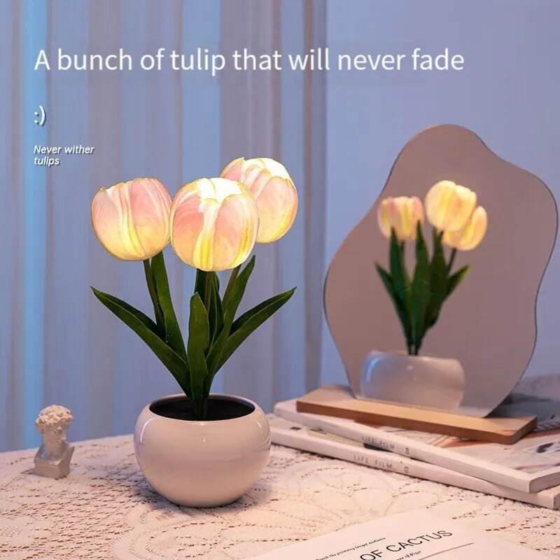 ED tulip table lamp with flower bouquet design on bedside table