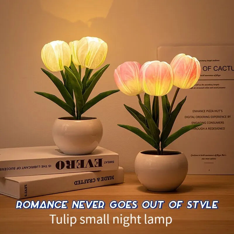 ED tulip table lamp with flower bouquet design on bedside table