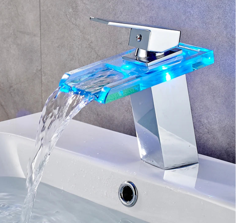 LED waterfall bathroom brass faucet with hot and cold mixer on basin sink