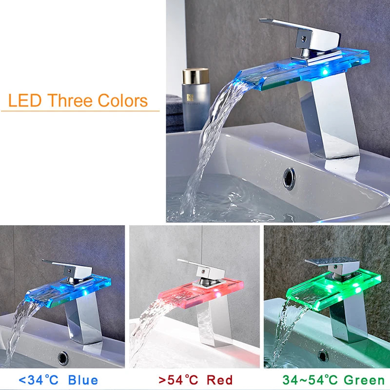LED waterfall bathroom brass faucet with hot and cold mixer on basin sink