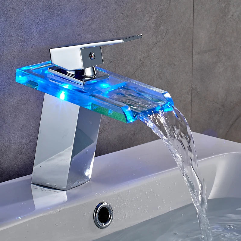 LED waterfall bathroom brass faucet with hot and cold mixer on basin sink