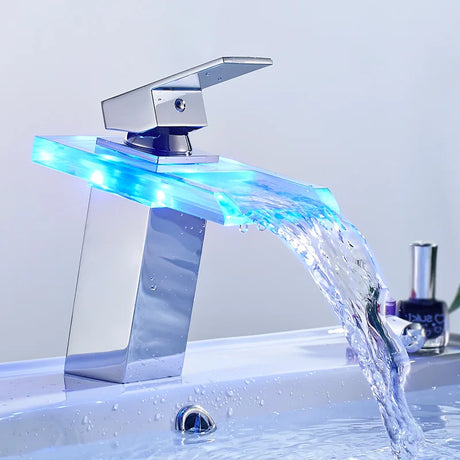 LED waterfall bathroom brass faucet with hot and cold mixer on basin sink