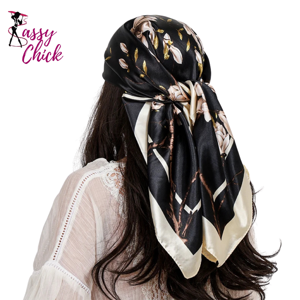 Ladies Headband Satin Silk Square Scarf Women Flower Print Shawl Sassy Chick Logo