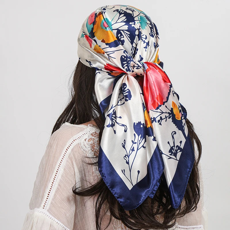 White Blue Ladies Headband Satin Silk Square Scarf Women Flower Print Shawl