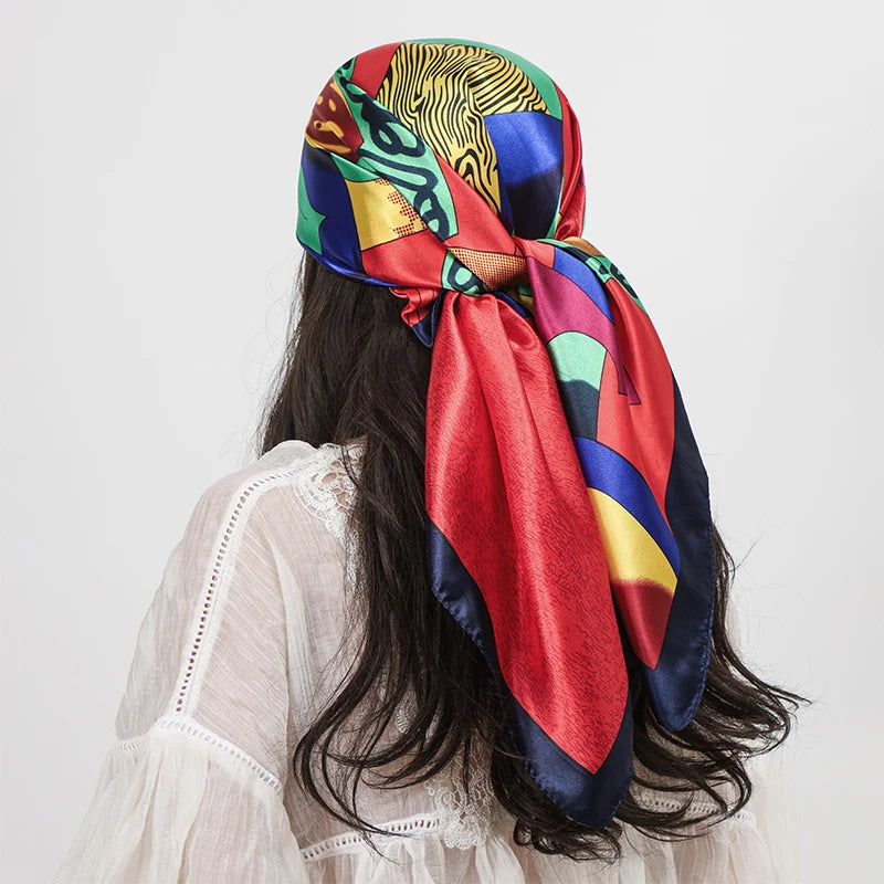 Multicolor Ladies Headband Satin Silk Square Scarf Women Flower Print Shawl