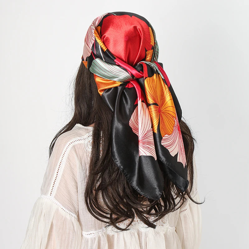 Red Ladies Headband Satin Silk Square Scarf Women Flower Print Shawl