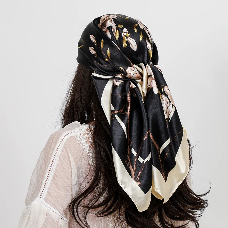 Black White Ladies Headband Satin Silk Square Scarf Women Flower Print Shawl