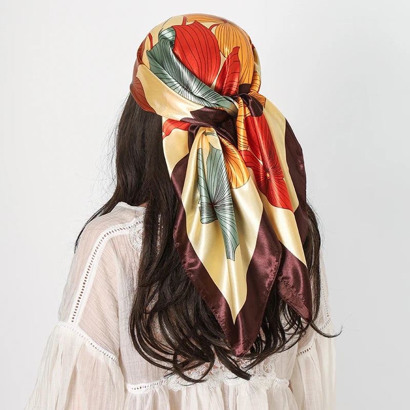 Floral Ladies Headband Satin Silk Square Scarf Women Flower Print Shawl