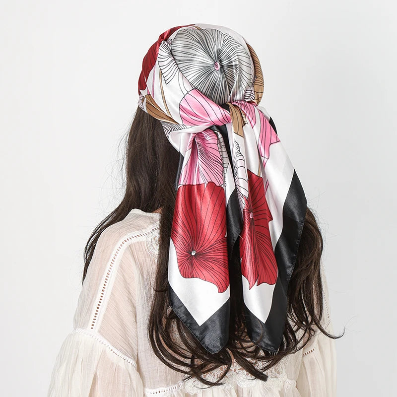 Floral Ladies Headband Satin Silk Square Scarf Women Flower Print Shawl