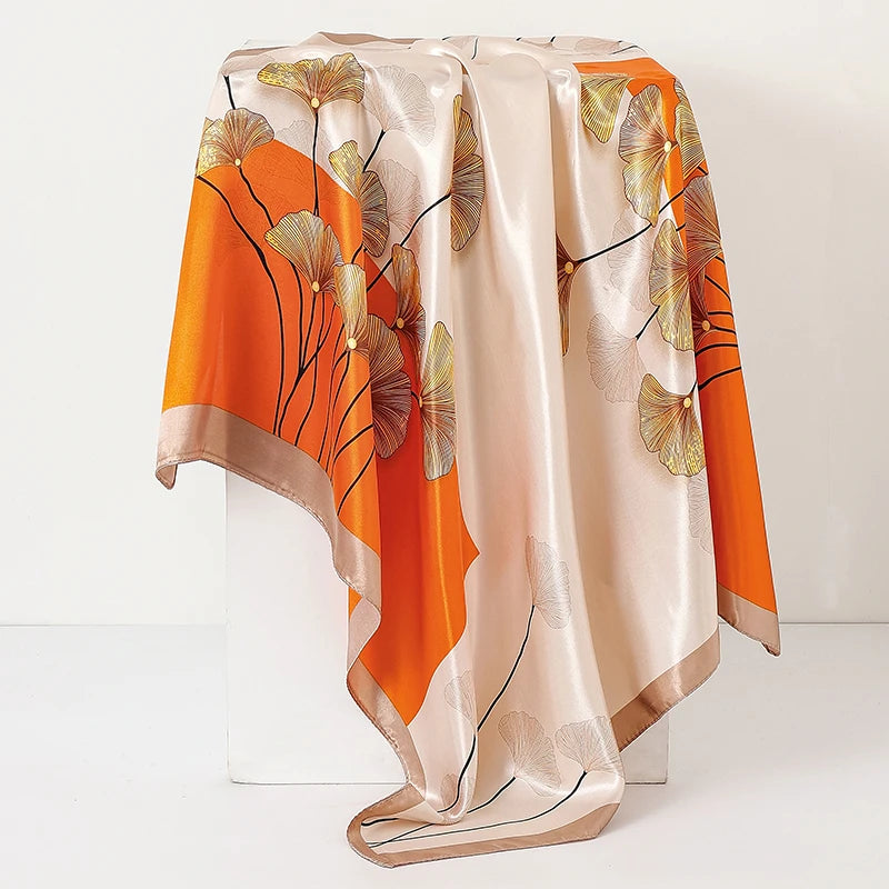 Beige Orange Ladies Headband Satin Silk Square Scarf Women Flower Print Shawl