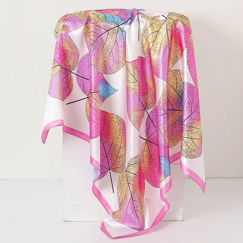 Pink Ladies Headband Satin Silk Square Scarf Women Flower Print Shawl