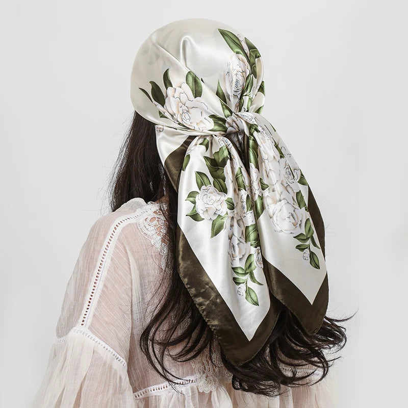 Green Ladies Headband Satin Silk Square Scarf Women Flower Print Shawl