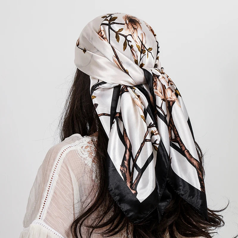 Black White Ladies Headband Satin Silk Square Scarf Women Flower Print Shawl