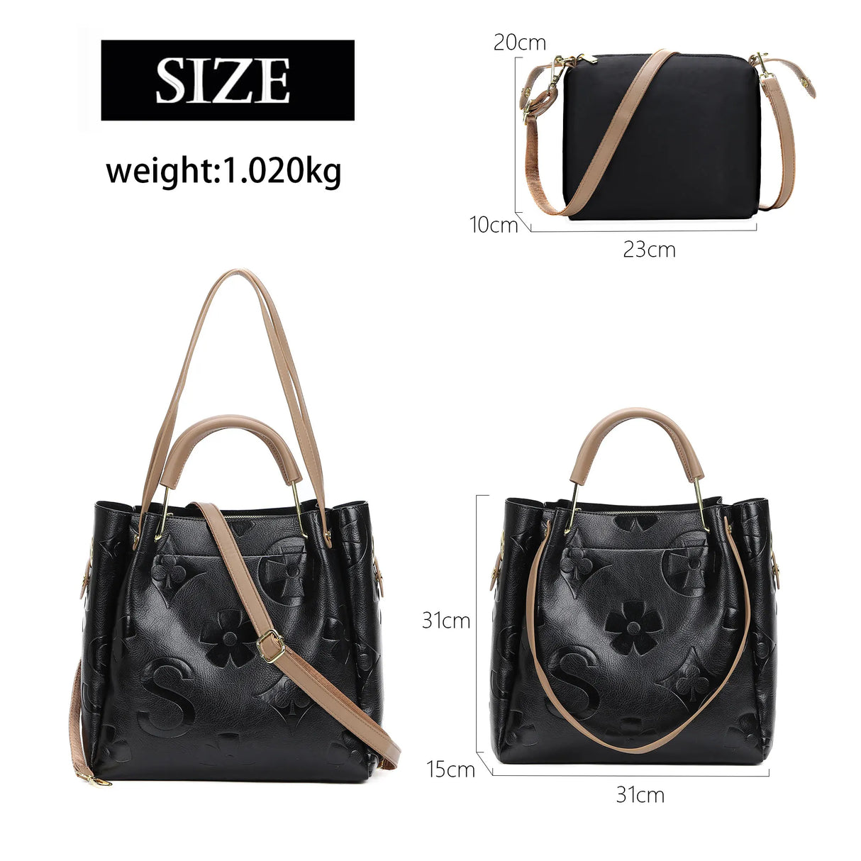 Size of Ladies Leather Bucket Hobo Tote Large Handle Handbag