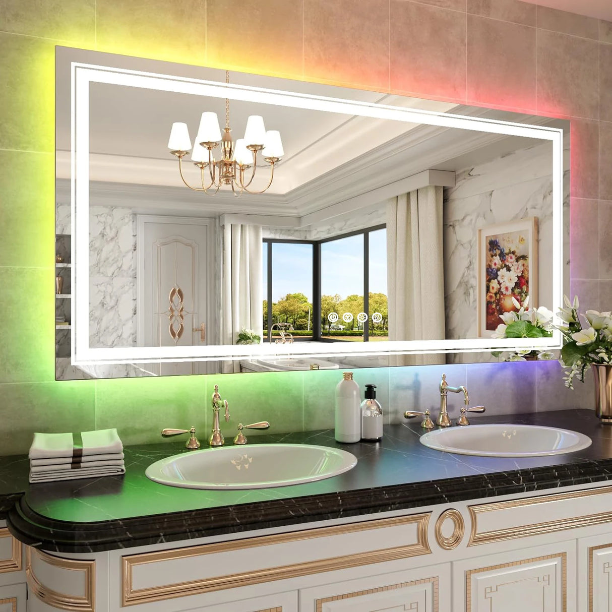 Large full-size RGB LED bathroom mirror with anti-fog and dimmable lighting, mounted vertically