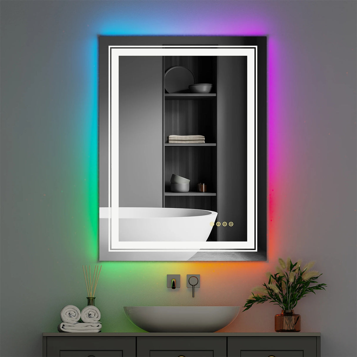 Large full-size RGB LED bathroom mirror with anti-fog and dimmable lighting, mounted vertically