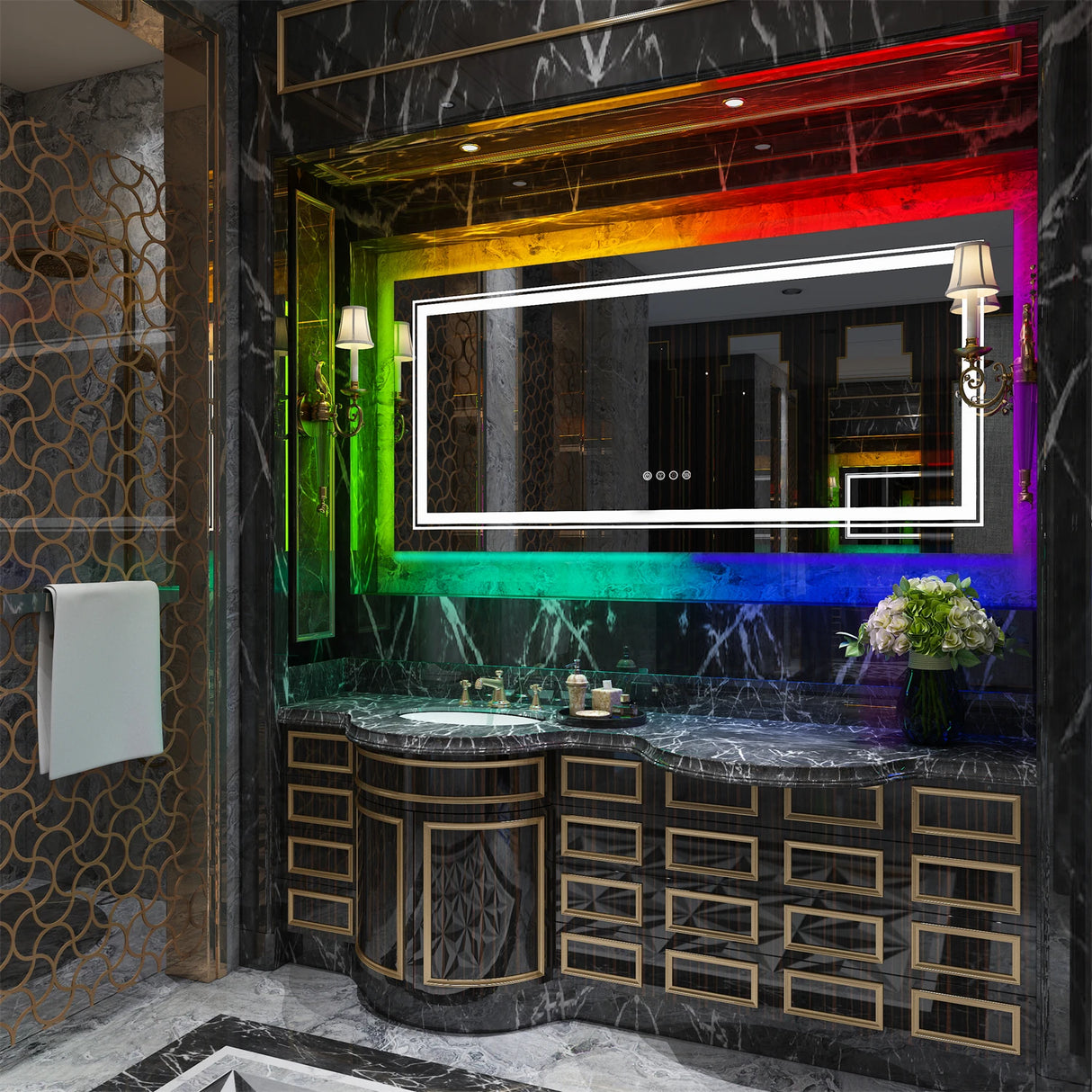 Large full-size RGB LED bathroom mirror with anti-fog and dimmable lighting, mounted vertically