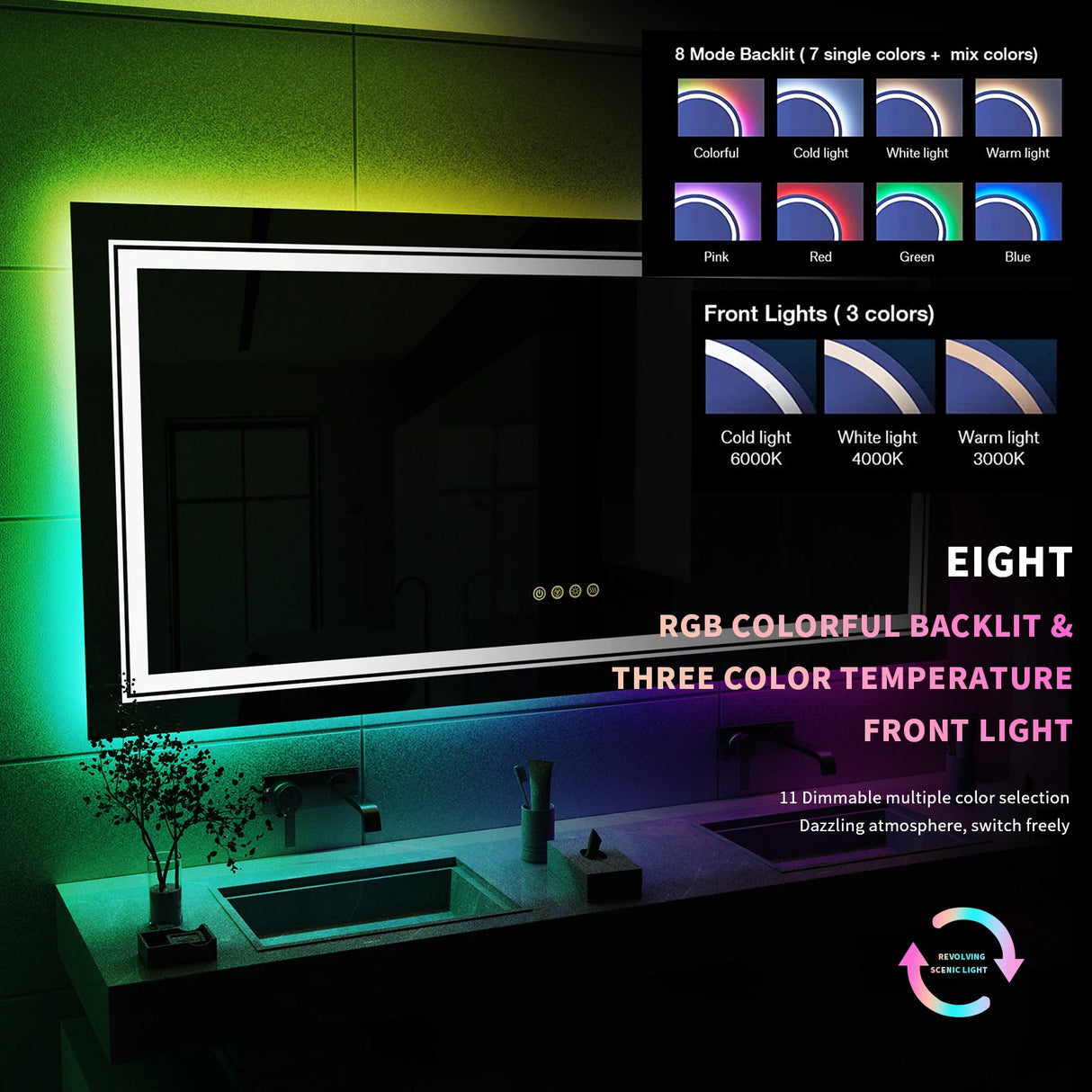 Large full-size RGB LED bathroom mirror with anti-fog and dimmable lighting, mounted vertically