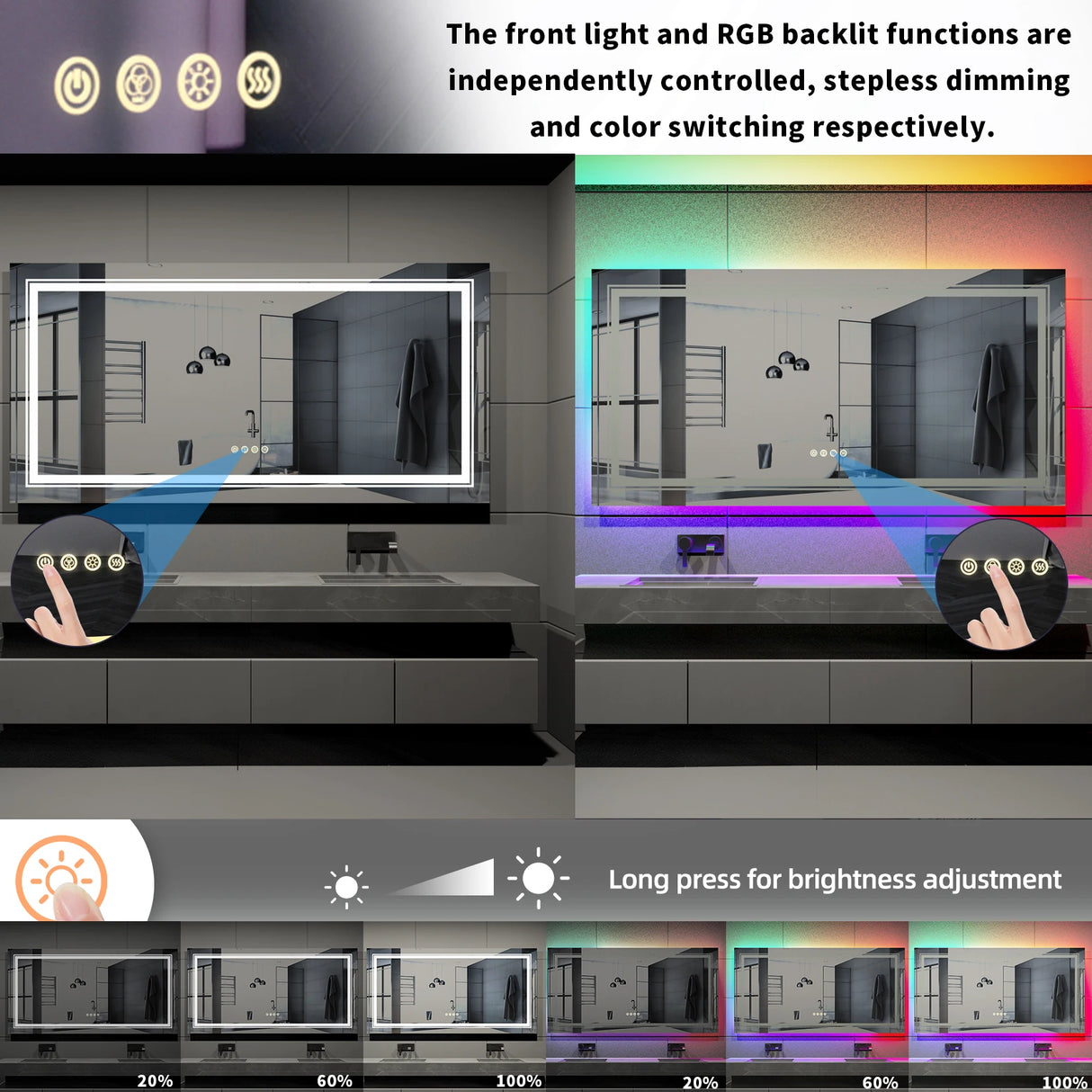 Large full-size RGB LED bathroom mirror with anti-fog and dimmable lighting, mounted vertically