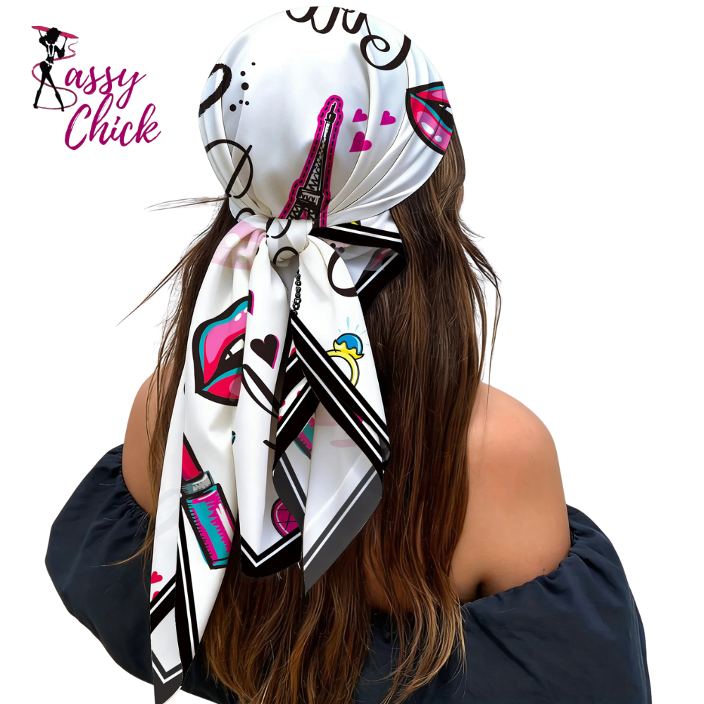 Large Satin Pink Black Heart Graffiti Print Head Scarf Sassy Chick Logo