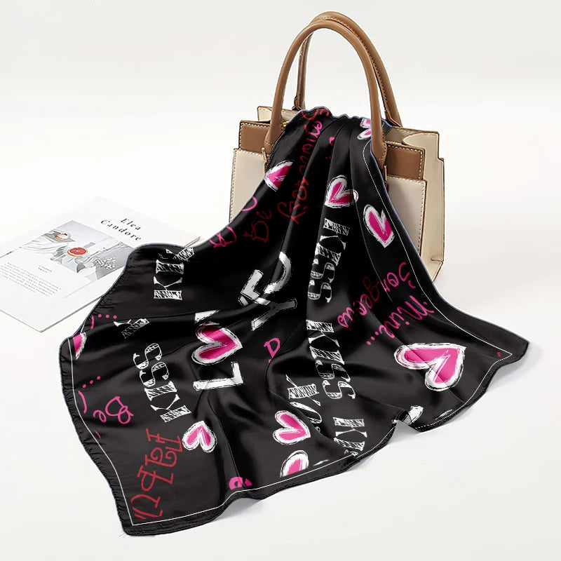 Large Satin Pink Black Heart Graffiti Print Head Scarf
