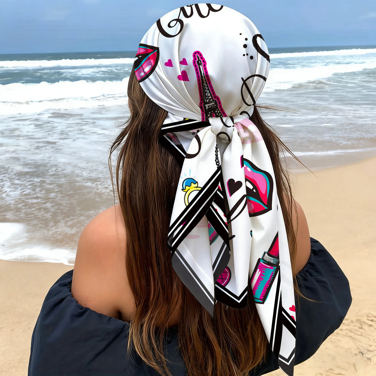 Large Satin Pink Black Heart Graffiti Print Head Scarf