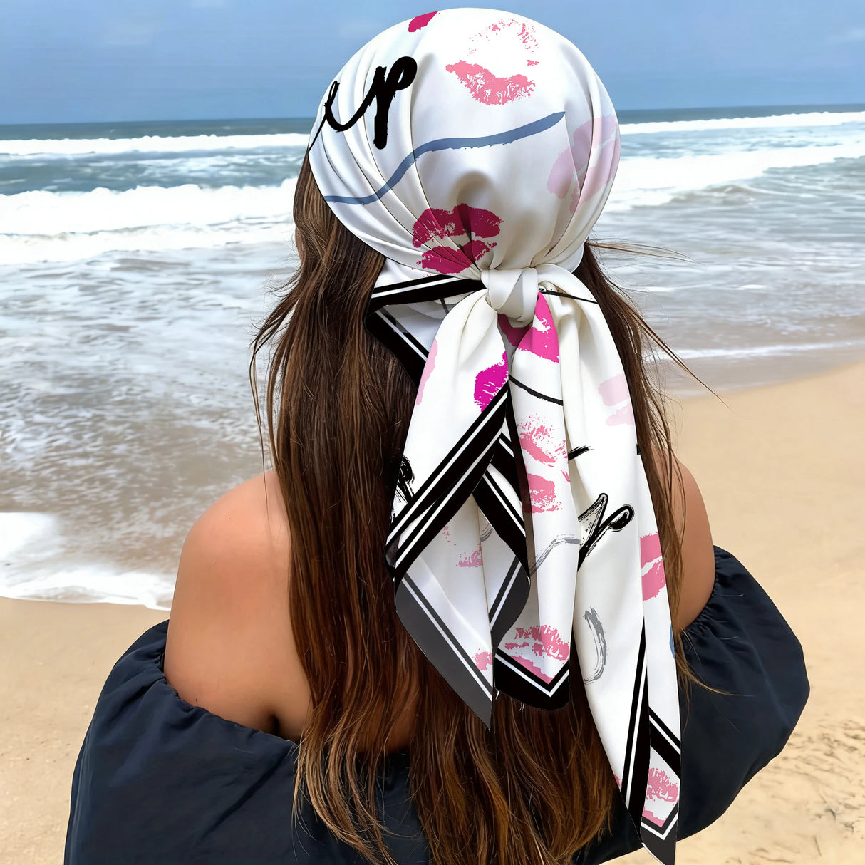 Large Satin Pink Black Heart Graffiti Print Head Scarf