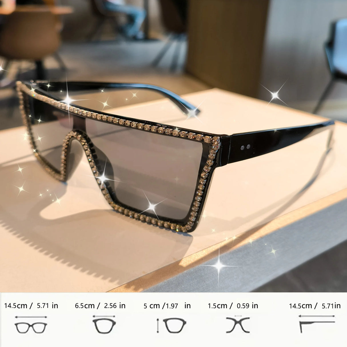 Size of Large Square Luxury Rhinestone Sunglasses